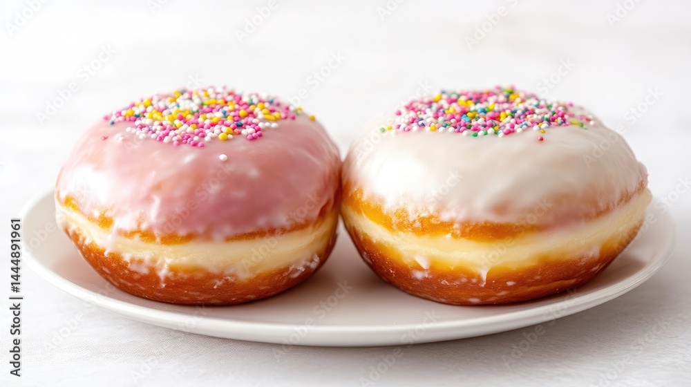 Two Glazed Donuts Colorful Sprinkles Sweet Bakery Style High-Resolution Bright Lighting Close-up Side-by-Side View Delicious Pastry Treat White Background Pastel Tones Perfect for Food Blogs Two Glazed Donuts Colorful Sprinkles Sweet Bakery Style High-Resolution Bright Lighting Close-up Side-by-Side View Delicious Pastry Treat White Background Pastel Tones Perfect for Food Blogs