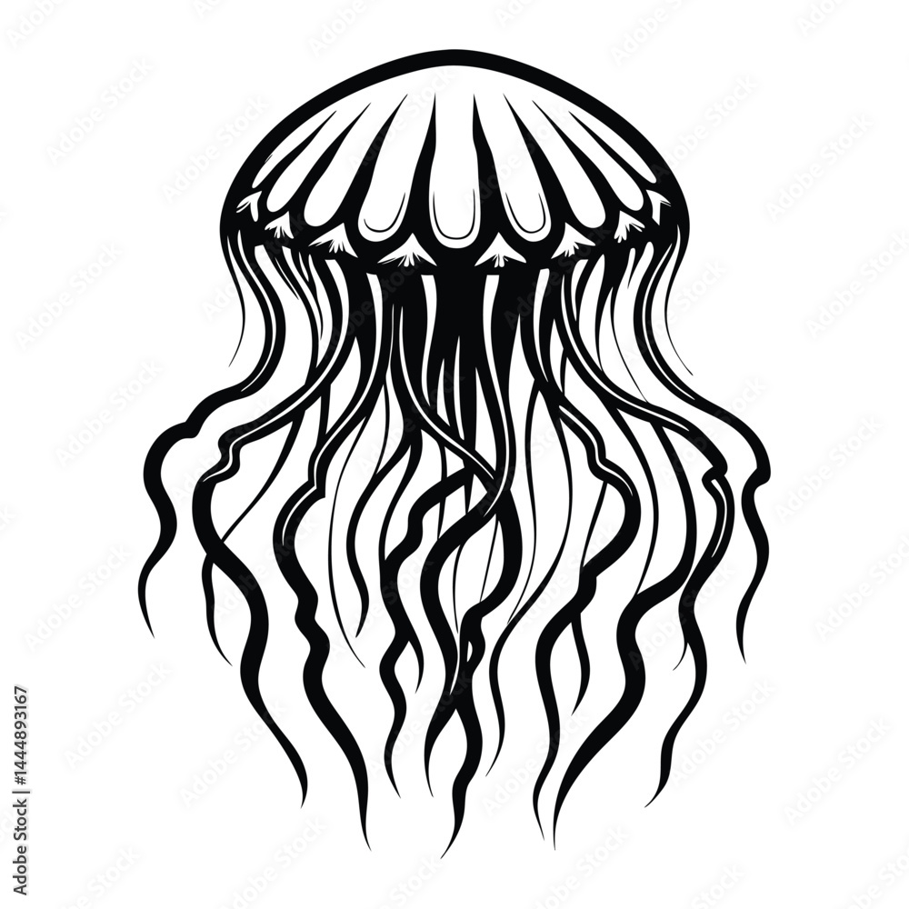 Black Outline Jellyfish on White Background, Sea Creature Minimalist Icon, Nature Black Outline Jellyfish on White Background, Sea Creature Minimalist Icon, Nature