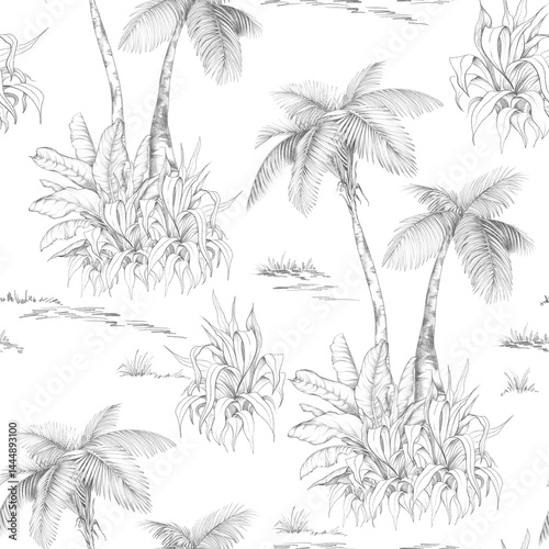 Wallpaper Mural Seamless pattern with tropical trees on white background. Hand drawn pencil illustration. Torontodigital.ca