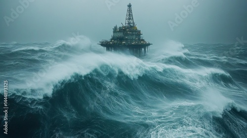 An offshore oil platform stands resilient against a backdrop of stormy weather and high waves, showcasing the challenges of marine operations. Dark clouds loom overhead as nature unleashes its fury
