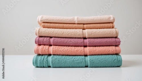 Stacked towels in pastel colors on a plain surface.
