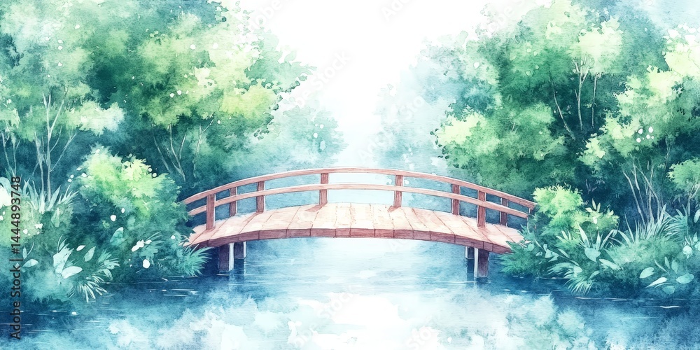Tranquil Wooden Bridge Over River in Lush Green Forest Watercolor Painting
