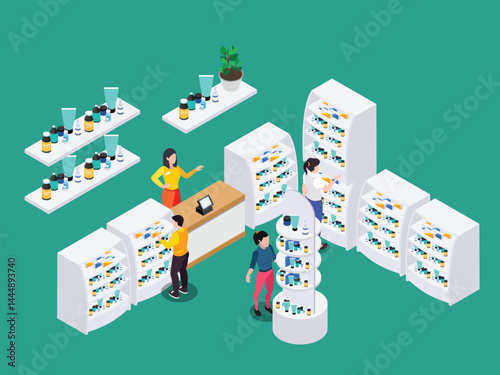 Isometric Cosmetic Store or Pharmacy Interior with Customers