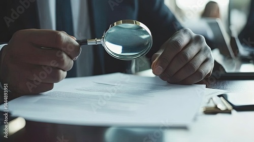 Focused Businessman Reviews Documents with Magnifying Glass.