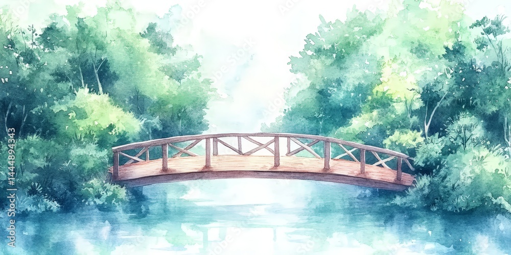 Tranquil Wooden Bridge Over River in Lush Green Forest Watercolor Painting