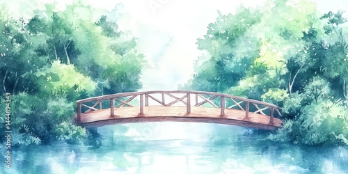 Obraz na płótnie Tranquil Wooden Bridge Over River in Lush Green Forest Watercolor Painting w salonie