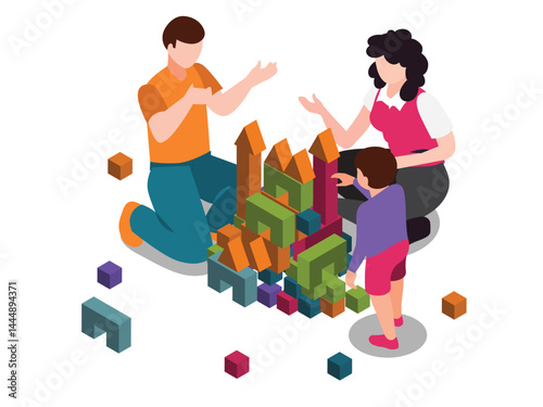  Isometric Family Playing with Building Blocks