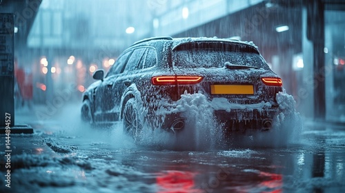 high-end car being washed with foam at a self-service station