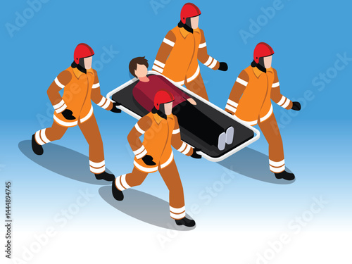  Isometric Paramedics Carrying Injured Person on Stretcher