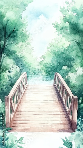 Tranquil Wooden Bridge Over River in Lush Green Forest Watercolor Painting