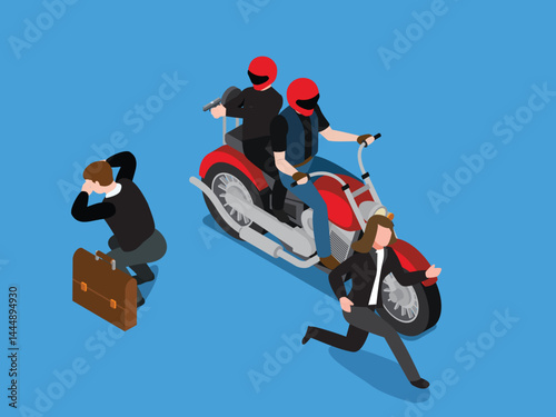 Isometric Mugging or Robbery Scene with Motorcyclists