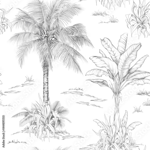 Seamless pattern with tropical trees on white background. Hand drawn pencil illustration.