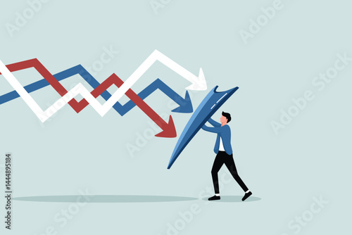 Protection or defensive stocks in economic crisis or market crash, resilient business to survive hardship or insurance concept, businessman holds shield to cover and protect from arrows of decline