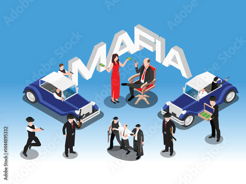 Isometric Mafia Scene with Gangsters and Money