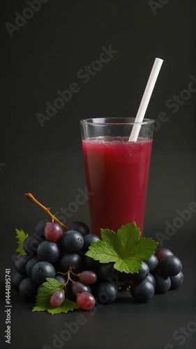 Wallpaper Mural A tall glass filled with red grape juice, accompanied by fresh black and red grapes and green leaves, set against a dark background. Torontodigital.ca