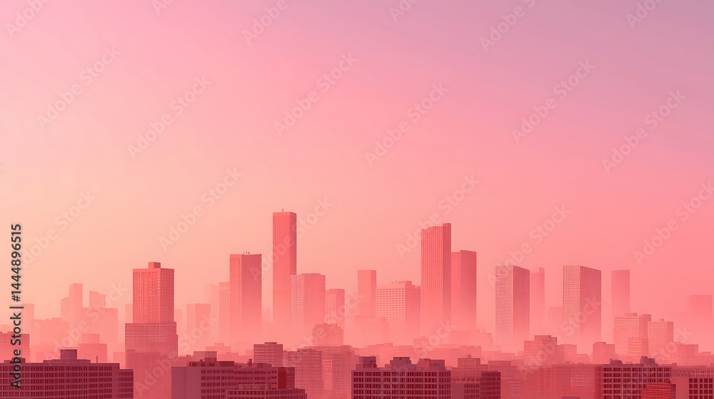 Naklejka premium Summertime, retro, cityscape: Retro city skyline glowing under warm summer sunset, nostalgic atmosphere, dreamy orange-pink tones .