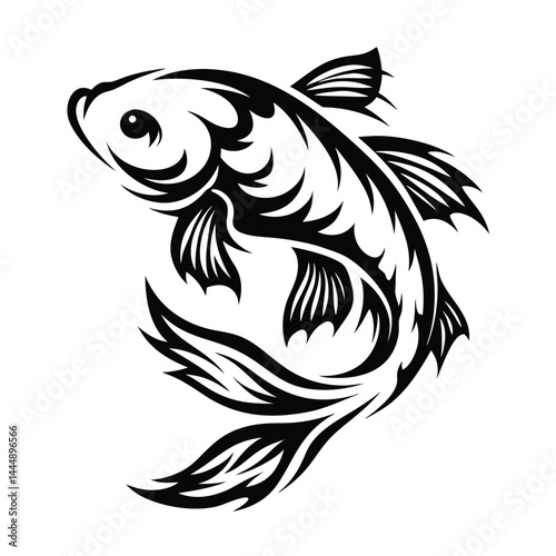 Ornate Black and White of a Fish on a White Background Detailed Fins