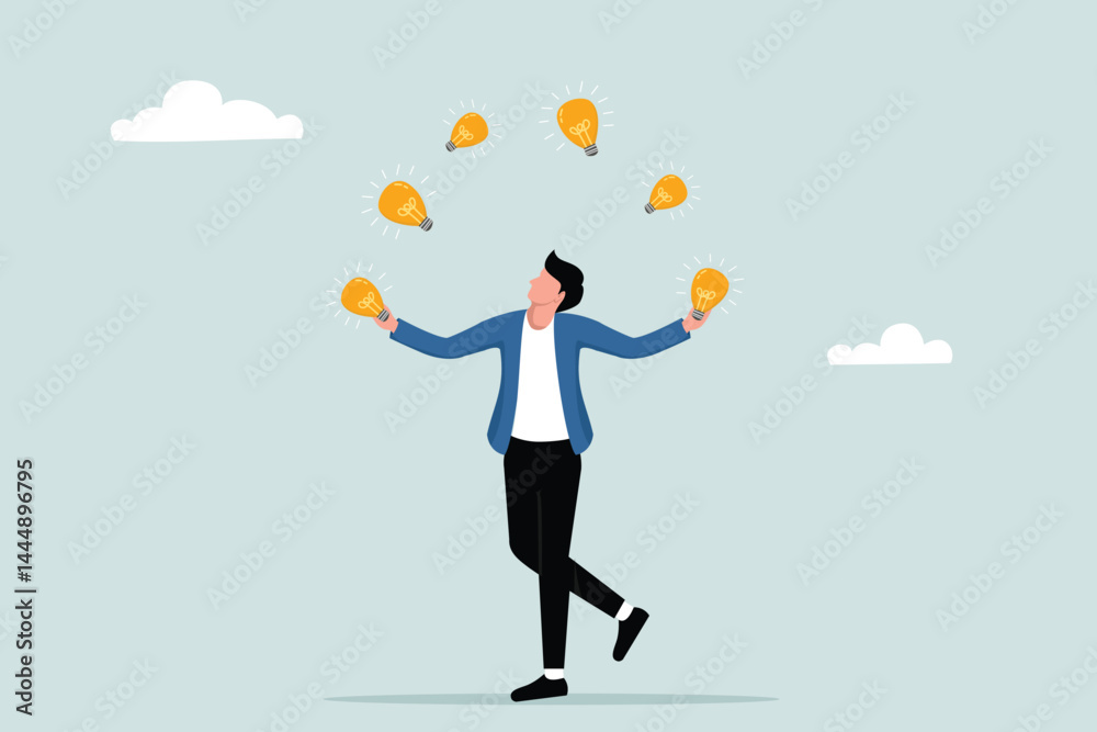 Creativity and ideas, innovation or skills to succeed in business, a businessman walking while holding a light bulb, a metaphor for the abundance of ideas. Creativity and ideas, innovation or skills to succeed in business, a businessman walking while holding a light bulb, a metaphor for the abundance of ideas.
