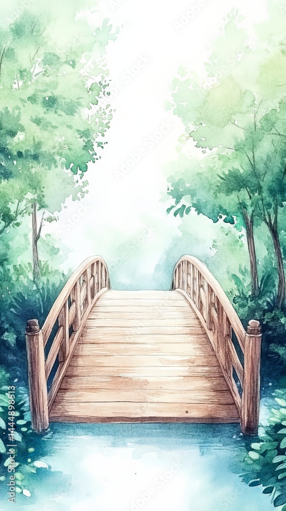 Obraz premium Tranquil Wooden Bridge Over River in Lush Green Forest Watercolor Painting