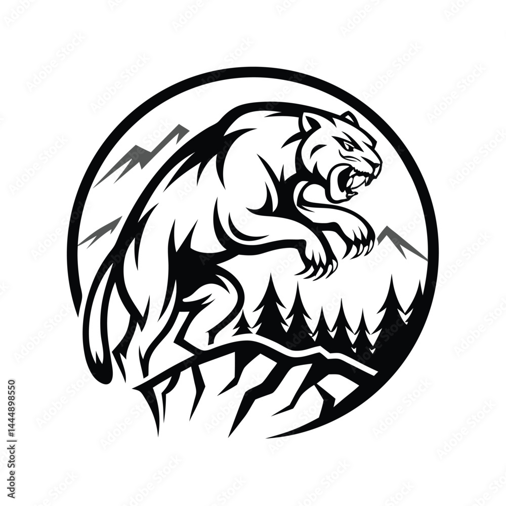 Fototapeta premium Fierce Tiger Leaping Above Wilderness, Monochrome Style, Mountains, Trees, Circle Design