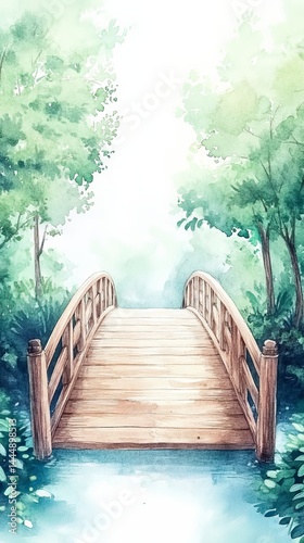 Tranquil Wooden Bridge Over River in Lush Green Forest Watercolor Painting