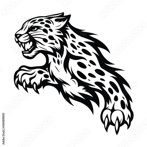 Roaring Leopard Outline, Black and White, Wildcat Silhouette, Jumping Feline Predator