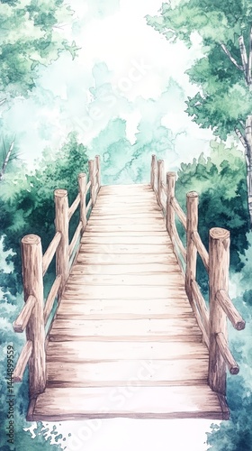 Tranquil Wooden Bridge Over River in Lush Green Forest Watercolor Painting