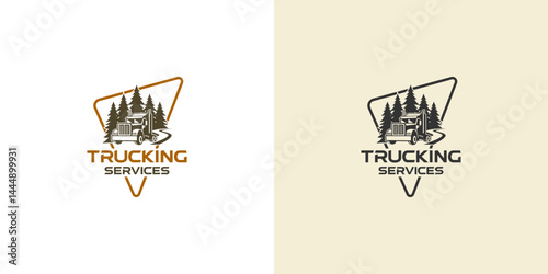 The logo for Trucking services features an illustration of a rig truck, pine trees, and a winding road, all enclosed within a stylized triangular frame.