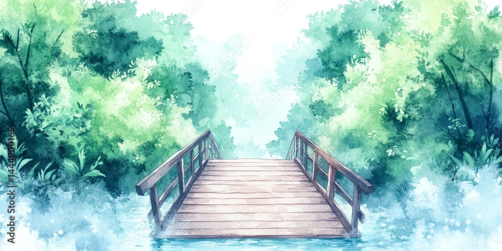 Tranquil Wooden Bridge Over River in Lush Green Forest Watercolor Painting