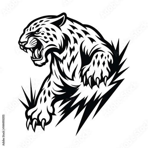 Roaring Leopard Illustration, Black and White Design, Abstract Style, Wildcat Feline