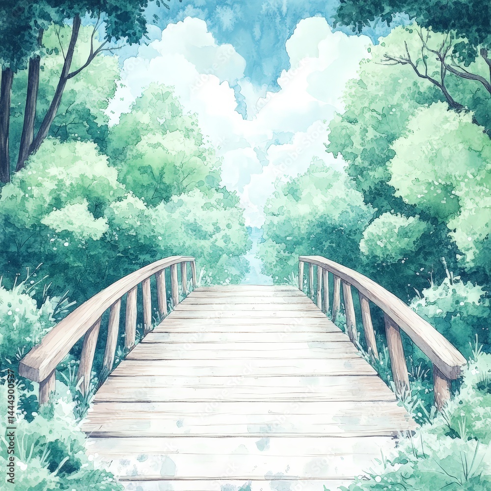 Tranquil Wooden Bridge Over River in Lush Green Forest Watercolor Painting