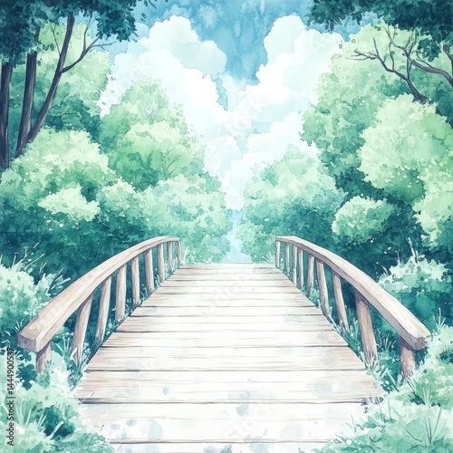 Obraz na płótnie Tranquil Wooden Bridge Over River in Lush Green Forest Watercolor Painting w salonie