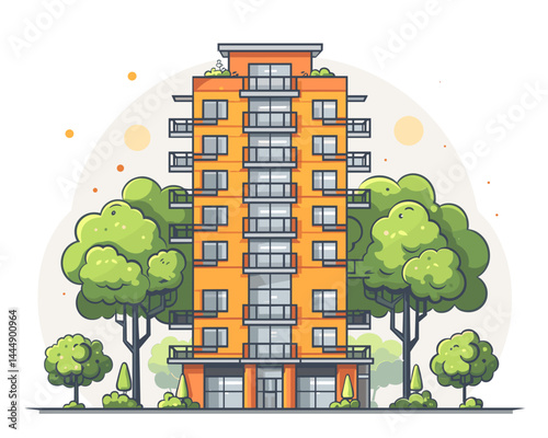 Vector illustration of modern house on the street with trees and grass.