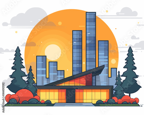 Vector illustration of modern house on the street with trees and grass.