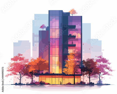 City landscape with skyscrapers and autumn trees. Vector illustration.