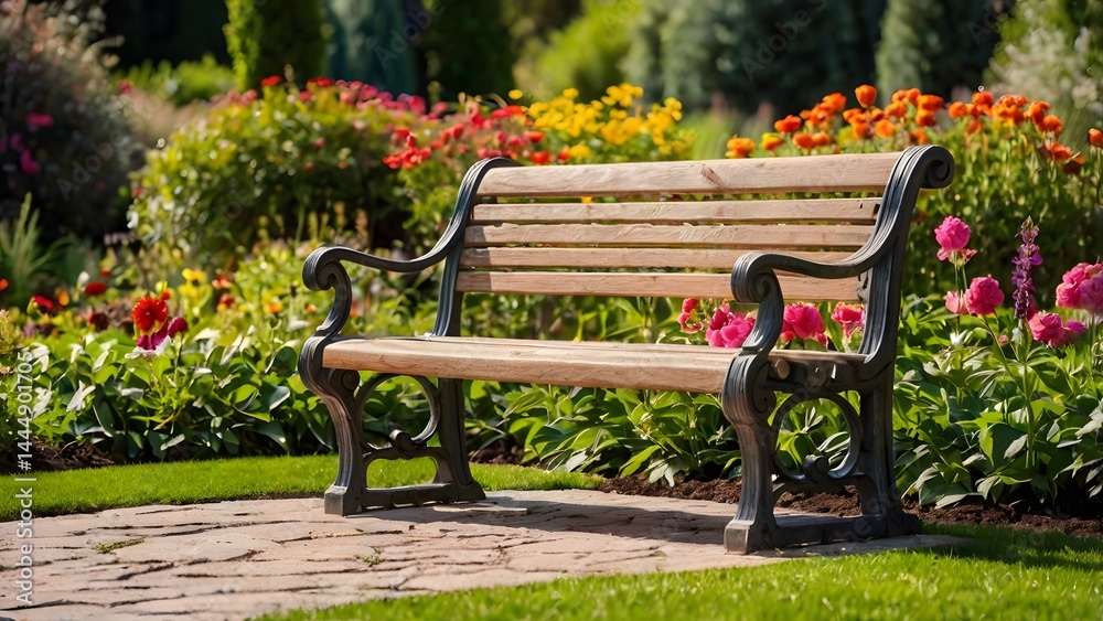 Fototapeta premium A bench in a beautiful flower garden. flowers of various colors are blooming here.
