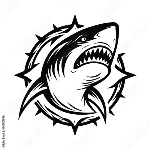 Black and White Shark Head with Sharp Teeth and Spiked Circle Isolated