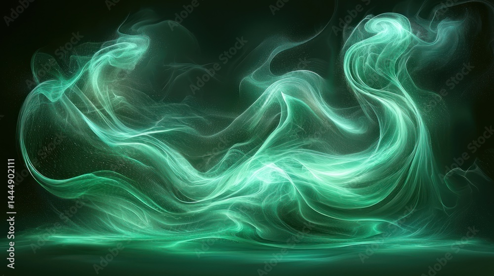 Obraz premium Abstract swirling teal smoke design on dark background. Glowing ethereal effect