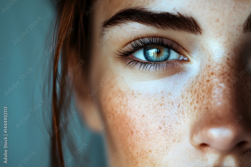 Captivating Gaze: A close-up shot of a stunning blue eye, framed by delicate freckles and striking eyebrows, creating an intimate connection with the viewer. Captivating Gaze: A close-up shot of a stunning blue eye, framed by delicate freckles and striking eyebrows, creating an intimate connection with the viewer.