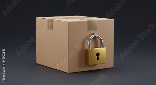 3D render, cardboard box, padlock icon, secure shipping symbol, locked content visual, delivery security concept