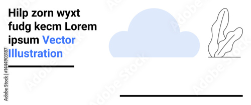 Blue cloud silhouette with abstract black leaf, bold text, and horizontal lines. Ideal for branding, web design, digital artwork, modern aesthetics, editorial layouts, nature themes simple landing