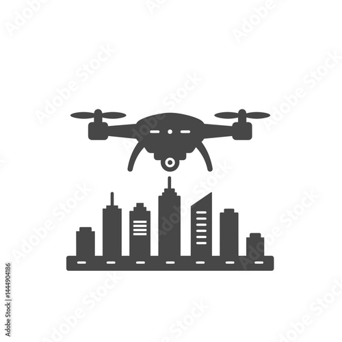 Drone Over the Metropolis: Capturing the cutting-edge technology of a drone soaring above a futuristic cityscape, symbolizing aerial surveillance, innovation and urban exploration.