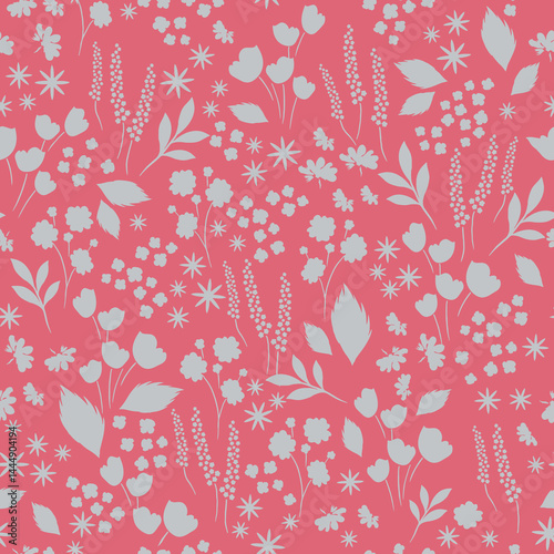 Stylized seamless floral pattern featuring white botanical silhouettes scattered over a bright coral background
