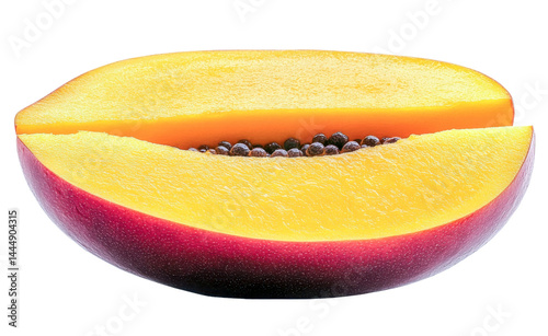 mango slice - juicy tropical fruit half isolated on white background