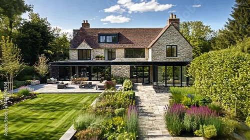 Modern house architecture, blending traditional architectural elements with contemporary design, featuring grand facade, large windows, manicured garden