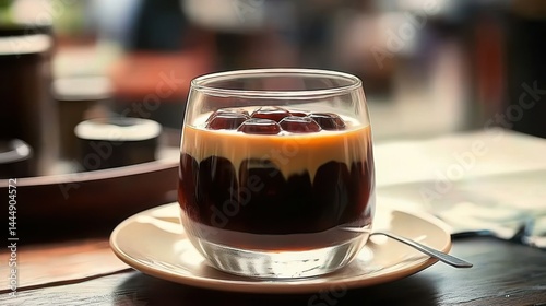 Brewed coffee jelly and smooth, chilled coffee.  Glass of Japanese Kohi Jelly