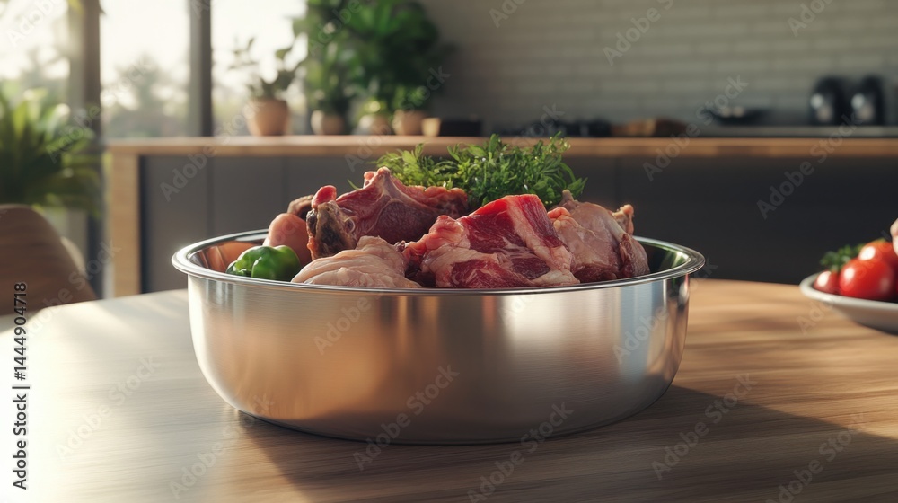 Raw food for pets, dogs. Assortment of raw meat cuts in a metal bowl, surrounded by fresh vegetables