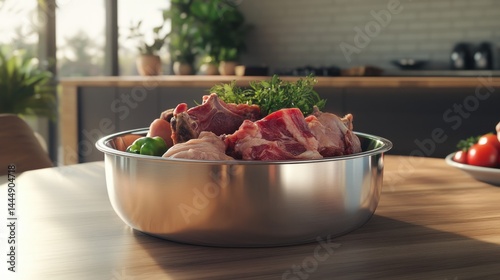 Obraz na płótnie Raw food for pets, dogs. Assortment of raw meat cuts in a metal bowl, surrounded by fresh vegetables w salonie