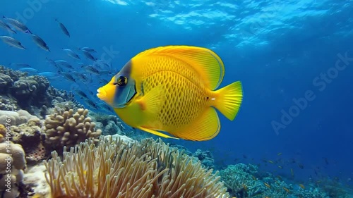Tropical fish swim among colorful coral reefs in the blue sea