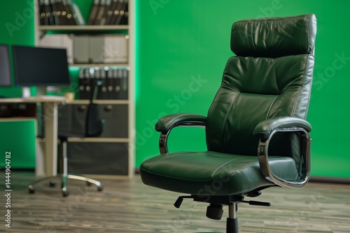 Comfortable Leather Office Chair with Green Background for Workspace